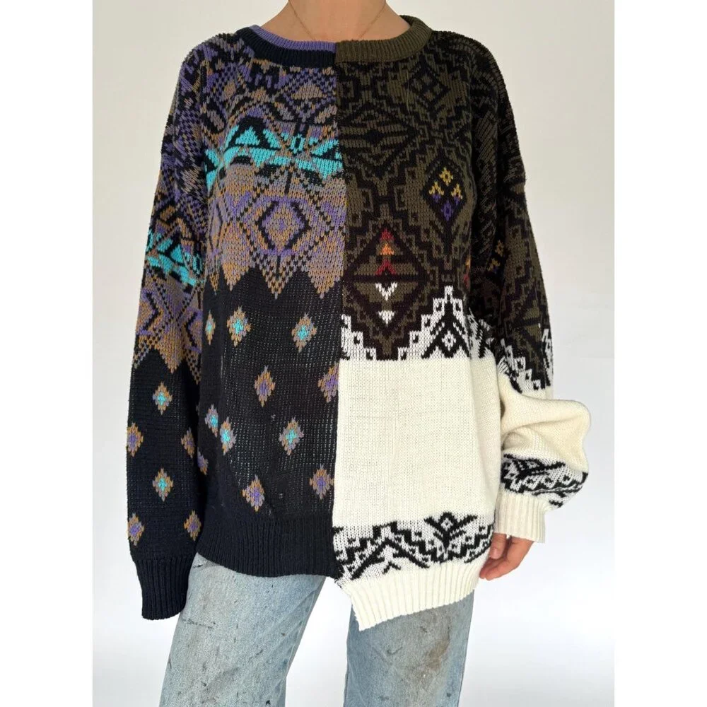 vintage reworked upcycled half and half unique split knit grandpa sweater large - Picture 8 of 9